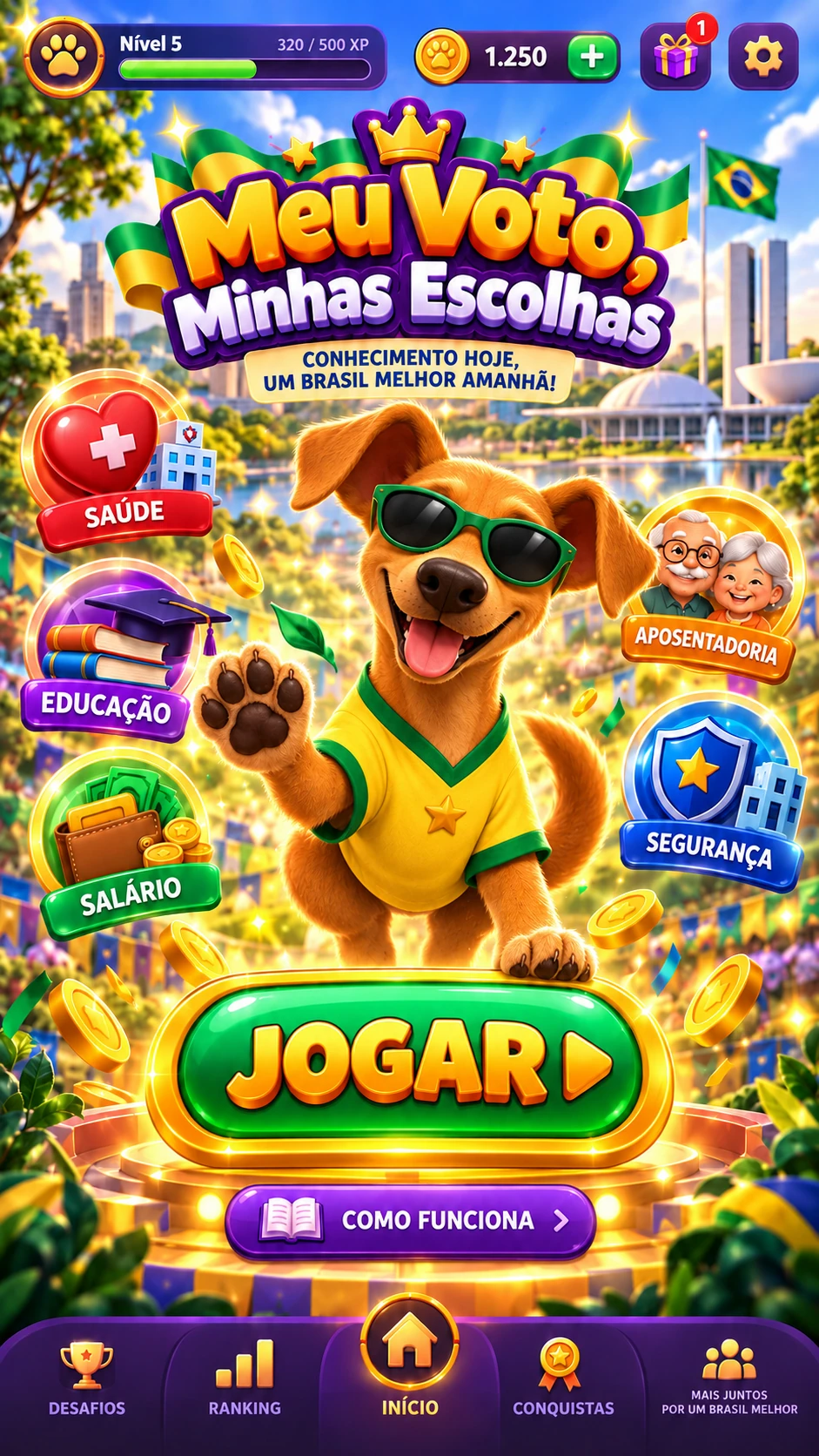 Meu Voto, Minhas Escolhas: mascote Caramelo, botões coloridos e paisagem brasileira